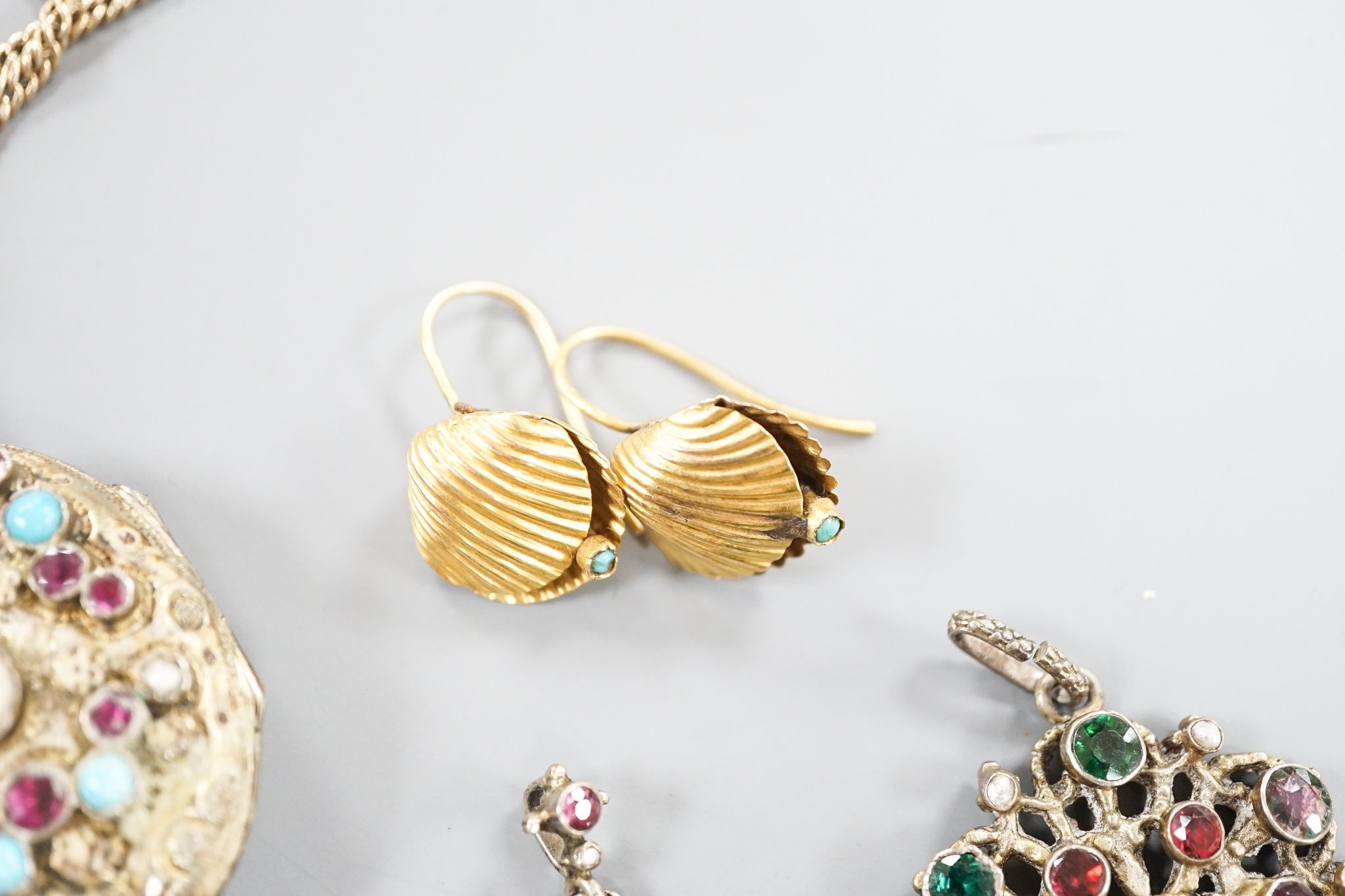 Mixed Victorian and later jewellery, including a pair of yellow metal cannettile work drop ear clips, overall 75mm, gross 12 grams (adapted), paste set locket and pendants, a William IV mourning pendant(a.f.),pair of yel